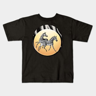 Vintage Zebra Pair Against Stylized Sun and Faux Zebra Fur Kids T-Shirt